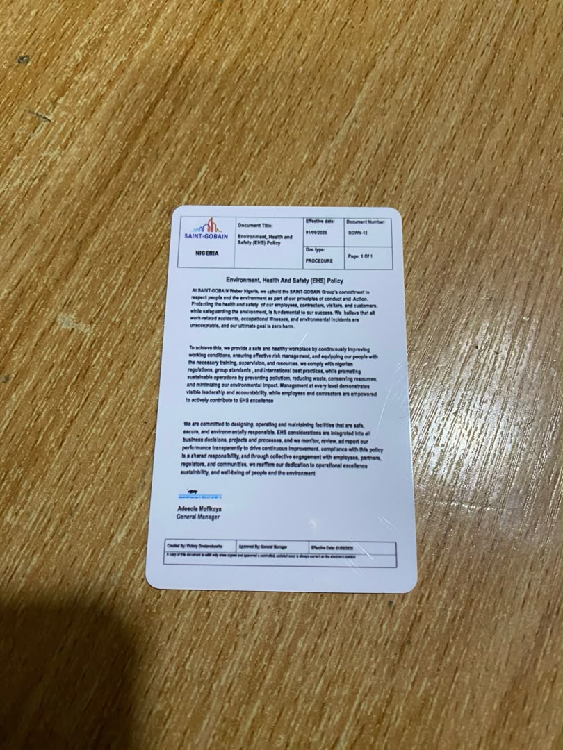 EHS Policy Card for Saint-Gobain